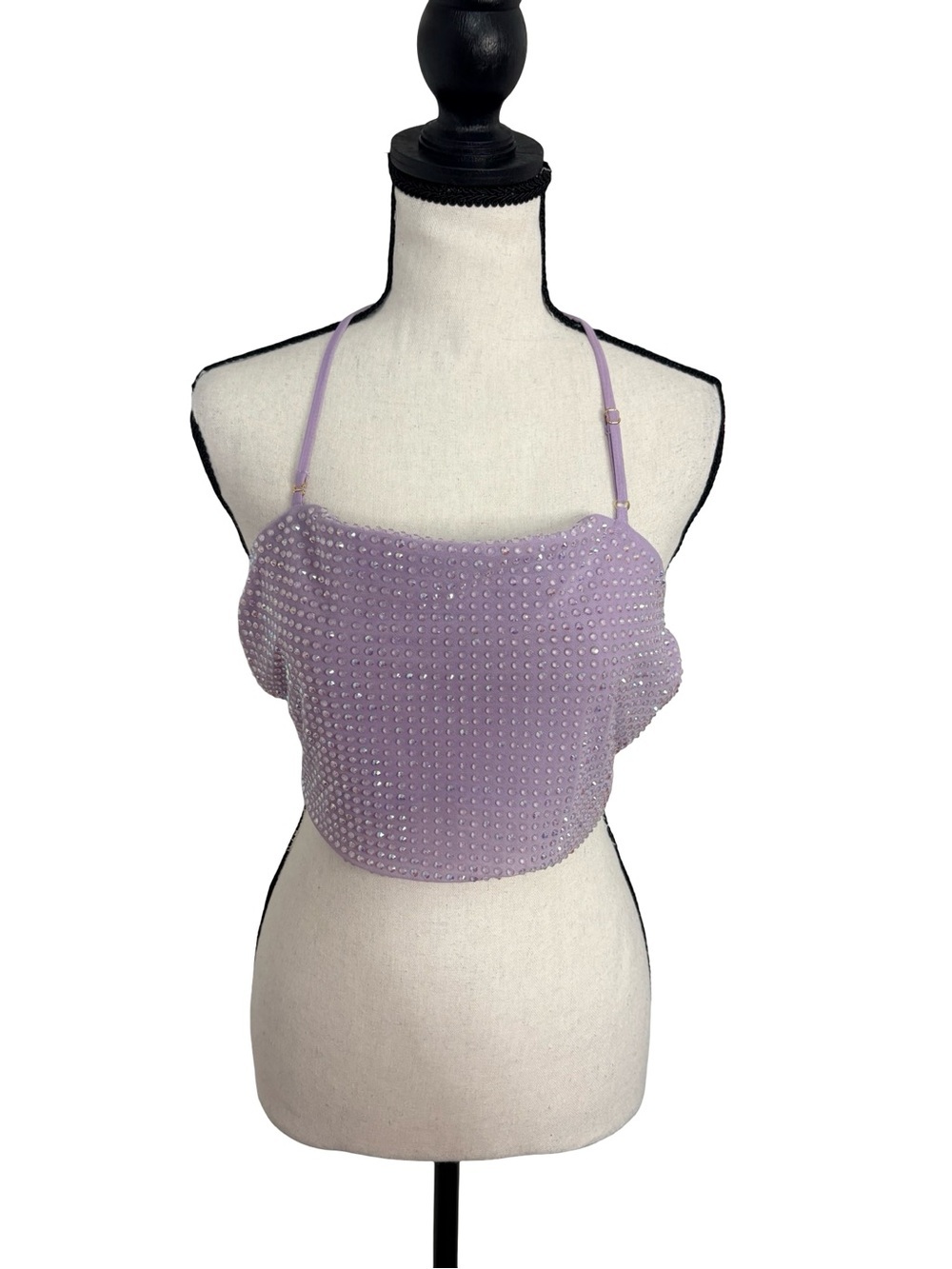 Oh Polly Lilac Rhinestone Mesh Halter Crop Top Y2K Party Clubwear